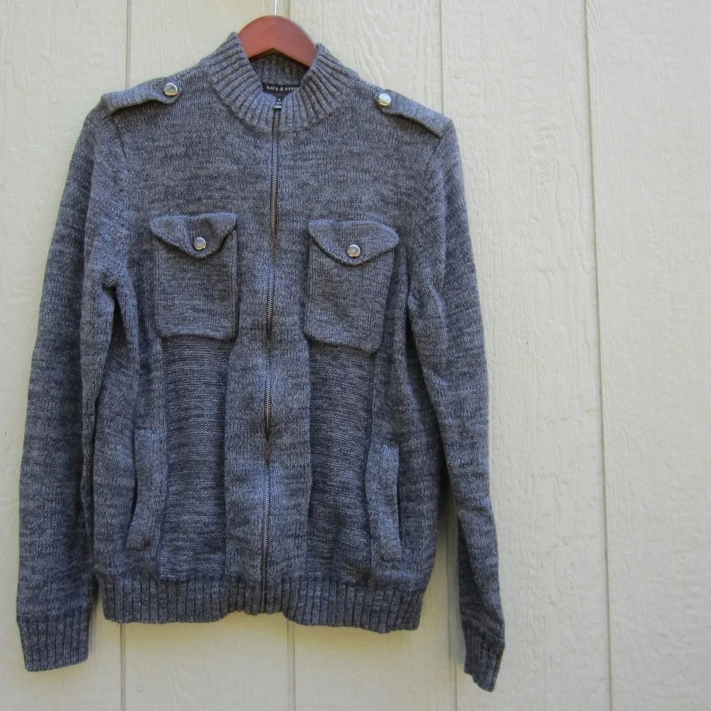 Rock & Republic Jacket Sweater Gray Long Sleeve Full Zip Men's L Pockets Comfy